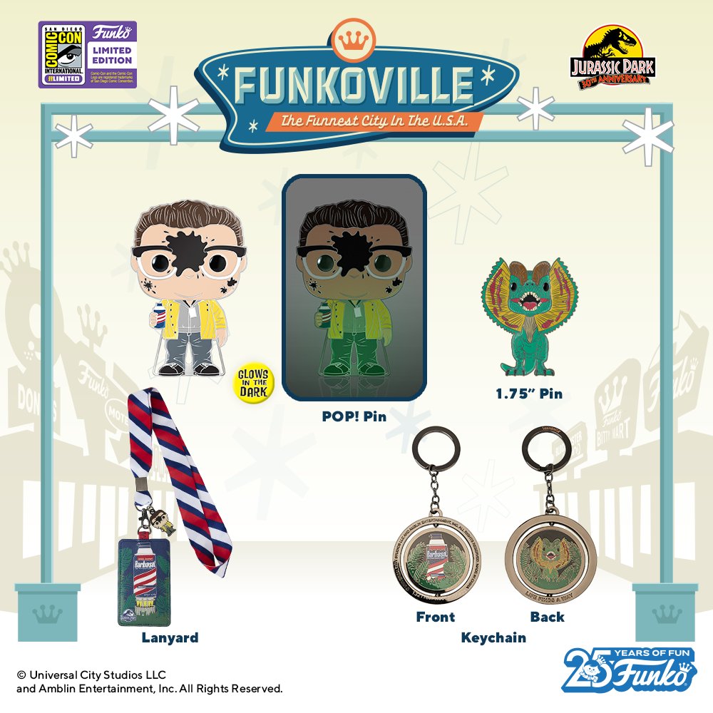 Funko POP! Jurassic Park 30th  Anniversary SDCC Exclusive Pin,Lanyard,Keychain and Enamel Pin